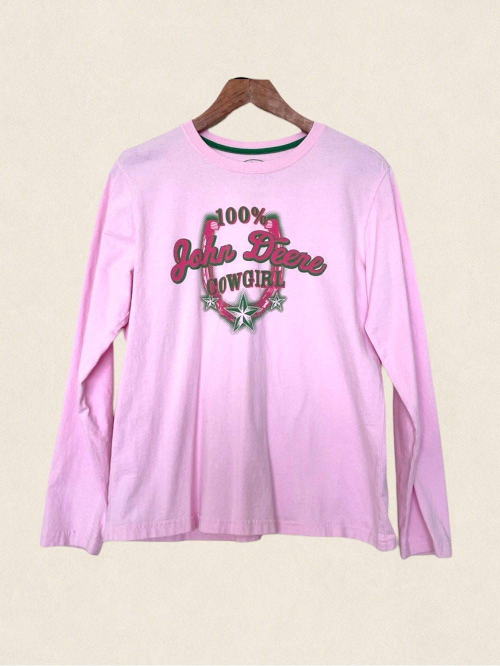 John Deere Cowgirl Long Sleeve T-Shirt 100% Cotton Size Medium Pink Horseshoe
